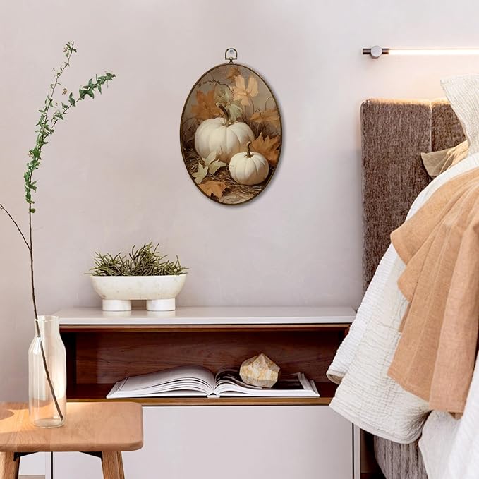 JQF Vintage Fall Pumpkin Oval Wall Art, Farmhouse Autumn Pumpkin Maple Leaf Oval Canvas Wall Art, Retro Rustic Fall Framed Prints Hanging Decor for Home Bedroom Living Room, 8.5x11.5 Inch