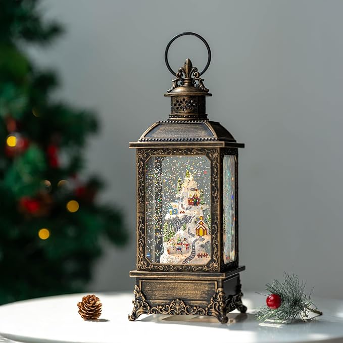 Christmas Village Snow Globe Lighted Snowy Mountain Village Scene, Musical Snow Water Lantern Swirling Glittering Home Decoration and Gift, Battery Operated or USB Powered