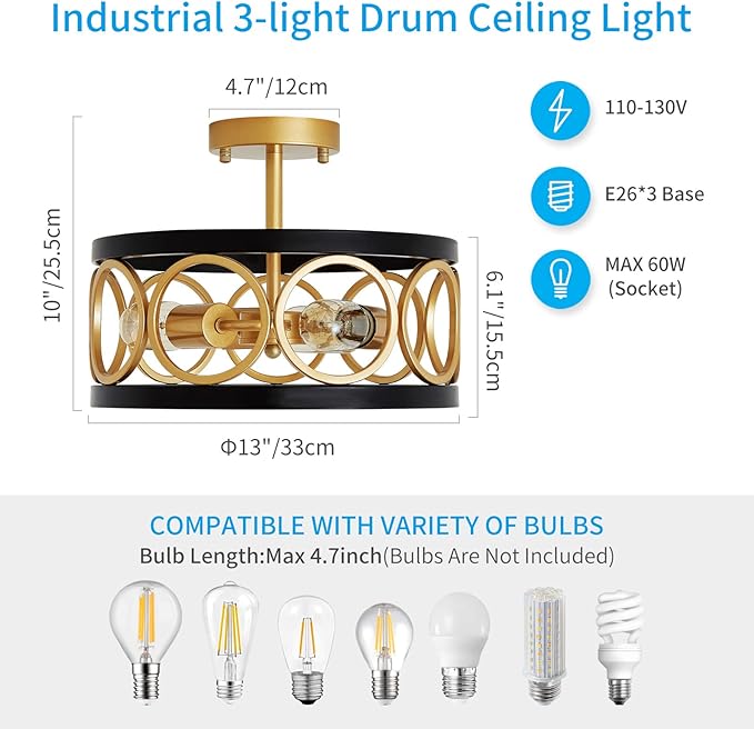 XINGQI 13" Modern Semi Flush Mount Ceiling Light Fixture, Black and Gold Drum Chandelier with Metal Shade Farmhouse Round Ceiling Lamp for Living Dining Room Bedroom