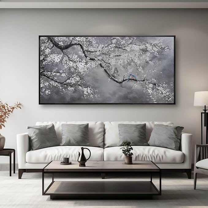 Plum Blossom Wall Art Framed Wall Art Decor Canvas Birds Wall Decorations Bedroom Picture Large Artwork for Living Room Dining Room 24”x48”