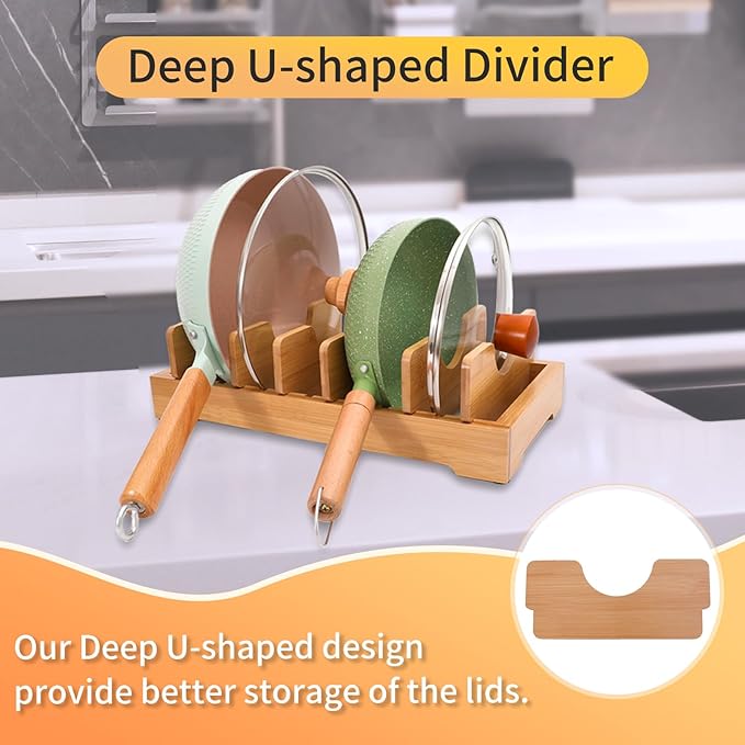 Bamboo kitchen storage rack - adjustable lid rack, suitable for cabinet storage, perfect for pots, pans, cutting boards, baking pans, plates, etc- Keep the kitchen clean and tidy