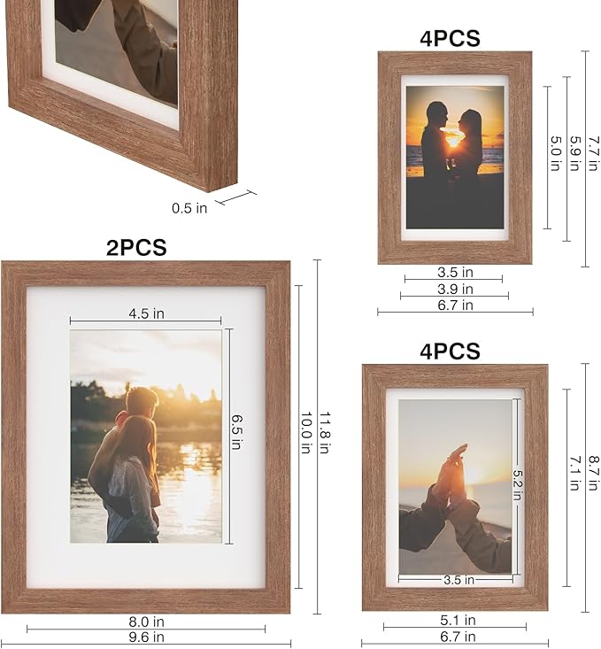 Picture Frame Set 10 Pack, Picture Frames Collage Wall Decor with Mat for Multiple Sizes Photos, Two 8x10, Four 5x7, Four 4x6, Photo Frames for Wall and Tabletop, Rusic Brown