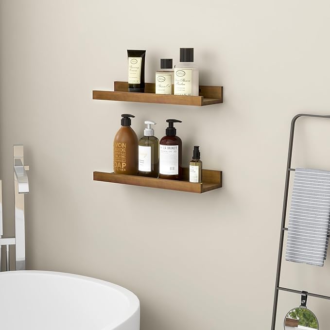 16 Inches Floating Shelves for Wall, Solid Pine Wood Picture Ledge Shelves, Walnut Wall Shelves with Lips, Nursery Book Shelves for Toys Storage Living Room Bedroom Photo Frames (2 Pcs, Walnut)