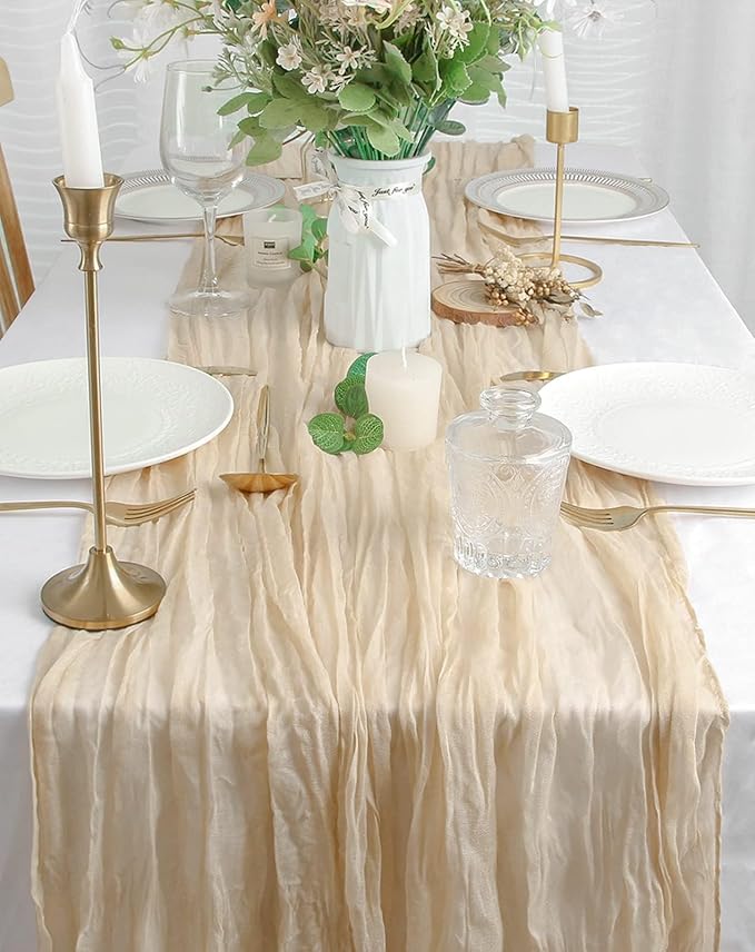 FEXIA 3 Pack Beige Table Runner 35x120 Inches for Baby Shower Decoration Gauze Spring Easter Table Runner for Wedding Party First Communion Centerpiece Engagement Bridal Shower Decoration