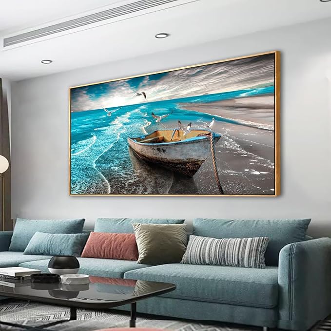 Ocean Canvas Wall Art Prints Waves Seascape Paintigns Boat Seagulls Beach Wall Decor for Living Room Bedroom Natural Scenery Artwork 20 * 40inch