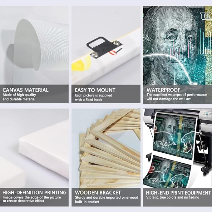 Large Size Stock Market Bull VS Bear Artwork Paintings Motivational 100 Dollar Money Benjamin Franklin Canvas Wall Art Stretched and Framed Ready to Hang-48x24 inches