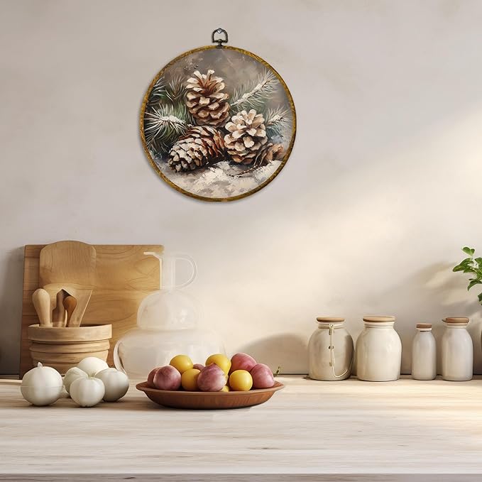 CUANFDDSF Vintage Christmas Winter Pinecones Round Wall Art Decor, Rustic Nature Pine Cone Wall Hanging Frame Decor, Farmhouse Christmas Winter Canvas Prints Decorations for Home Bedroom, 10x10 Inch