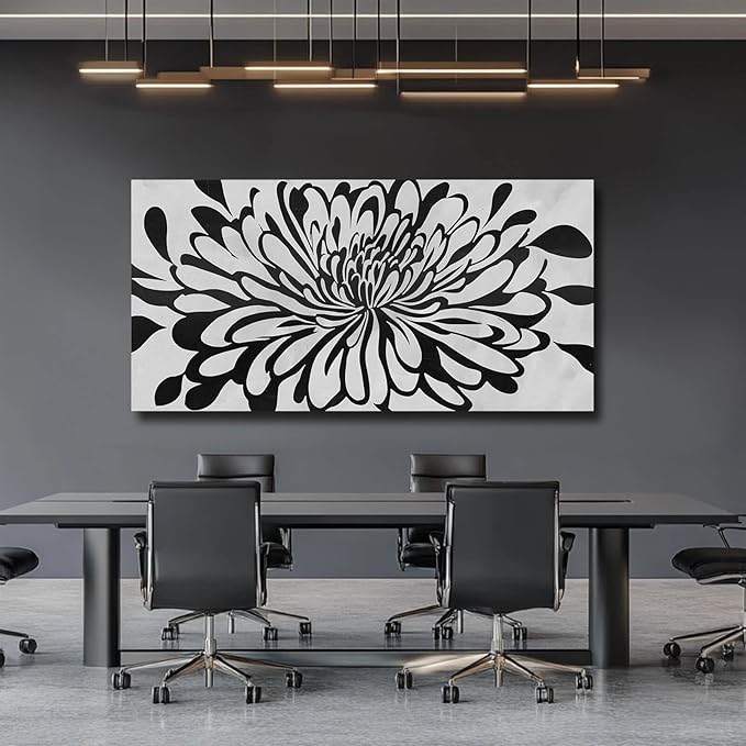 Modern Large Framed Artwork Black Line Art Flowers Painting on Canvas Office Home Wall Decor White Pictures 29x58 Inch Neutral Wall Art