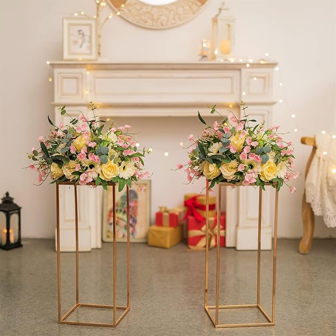 Sziqiqi Wedding Centerpieces Vase For Tables With Plates - 2 Pcs Metal Column Geometric Flower Stand 23.6in Gold Flower Display Rack Decorations For T-Stage Reception Party Fiesta Event Home Christmas
