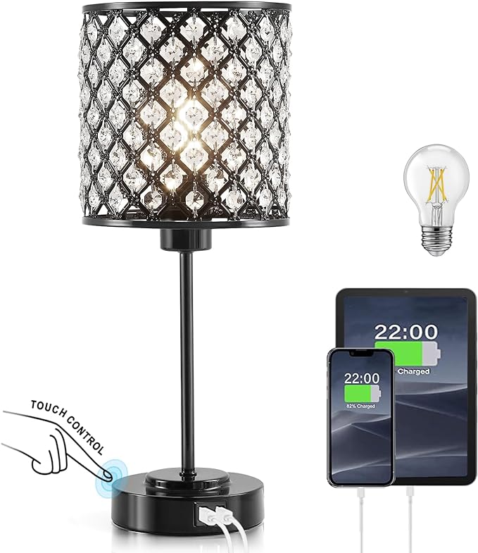 Crystal Touch Control Table Lamp with 2 USB Charging Ports, 3-Way Dimmable Black Crystal Table Bedside Lamp Nightstand Desk Light for Bedroom, Girls Guest Room, Living Room, Bulbs Included
