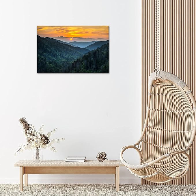 SKASNFAI Nature Landscape Canvas Wall Art Great Smoky Mountains Blue Ridge Mountains Wall Decor Forest Sunrise Pictures Framed for Living Room Bedroom (12x16 inch)