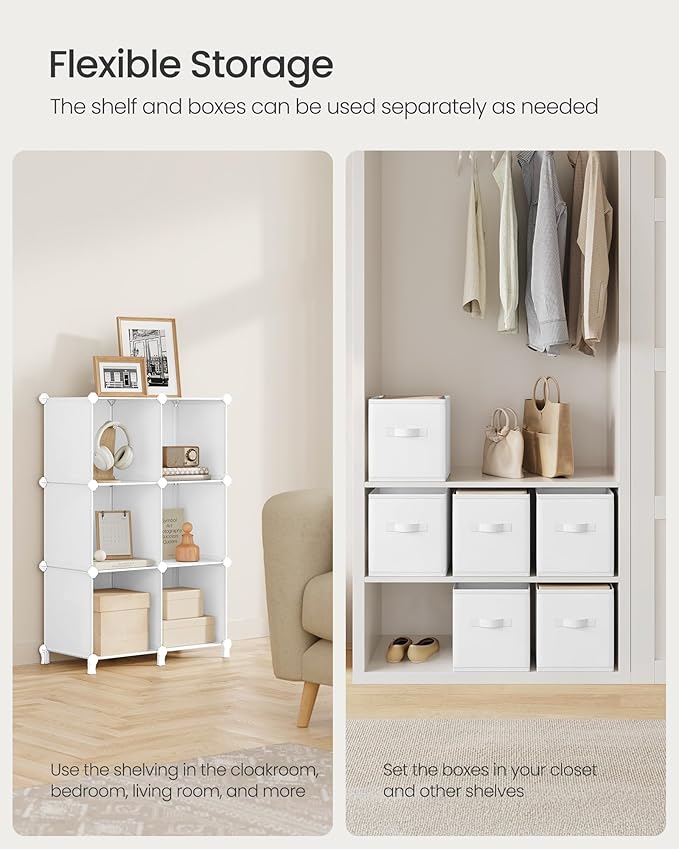 SONGMICS Cube Storage Organizer with Storage Boxes, 6-Cube Organizer, 6 Collapsible Non-Woven Fabric Bins, Customizable, Space-Saving, Bedroom, Living Room, Cloud White ULPC062W06