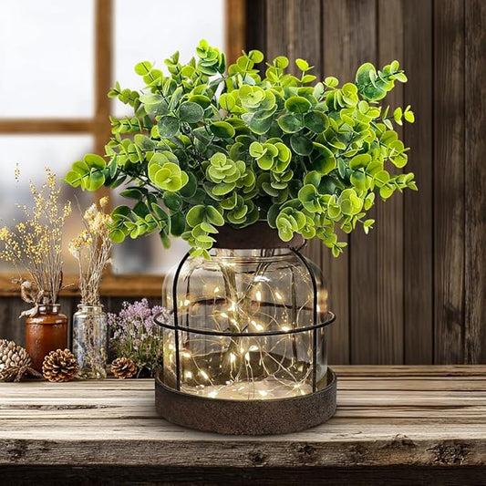 Farmhouse Rustic Primitive Glass Vases Home Decor Vintage Lantern with Green Artificial Eucalyptus Plants & Lights Centerpiece for Shelf Desk Office Counter Coffee Table Dining Room Bathroom Kitchen