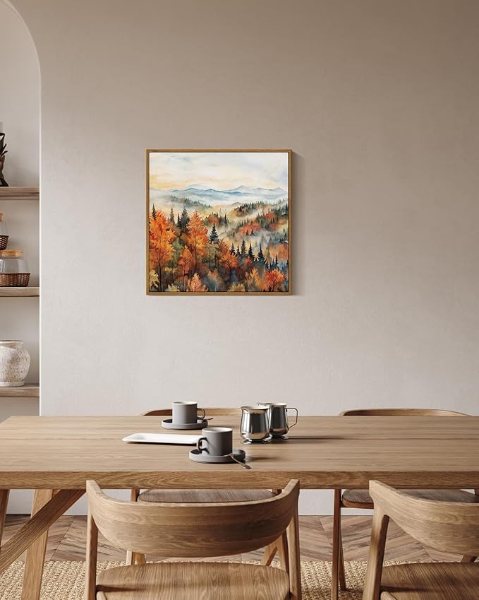 InSimSea Square Framed Canvas Wall Art, Classical Scenery Prints Landscape Pine Forest In The Morning Mist, Autumn Fall Home Wall Decor for Living Room, Bedroom, Bathroom, Office 16"x16"