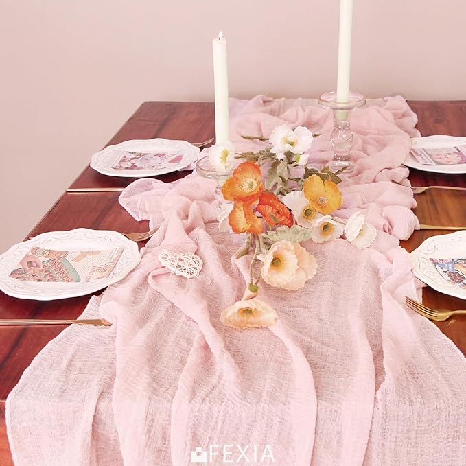 FEXIA Pink Table Runner 30x118 Inches for Spring Easter Decor Dusty Pink Cheesecloth Table Runner for Tea Party Decorations Gauze for Wedding Baby Shower Bridal Shower First Communion and Home Decor