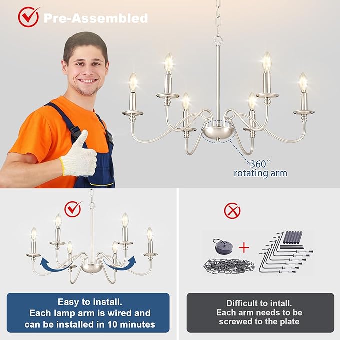 Depuley Modern Chandelier for Dining Room: 6-Light Brushed Nickel Farmhouse Hanging Ceiling Pendant Light Fixture for Kitchen Island - Industrial Vintage Candle Chandeliers for Living Room