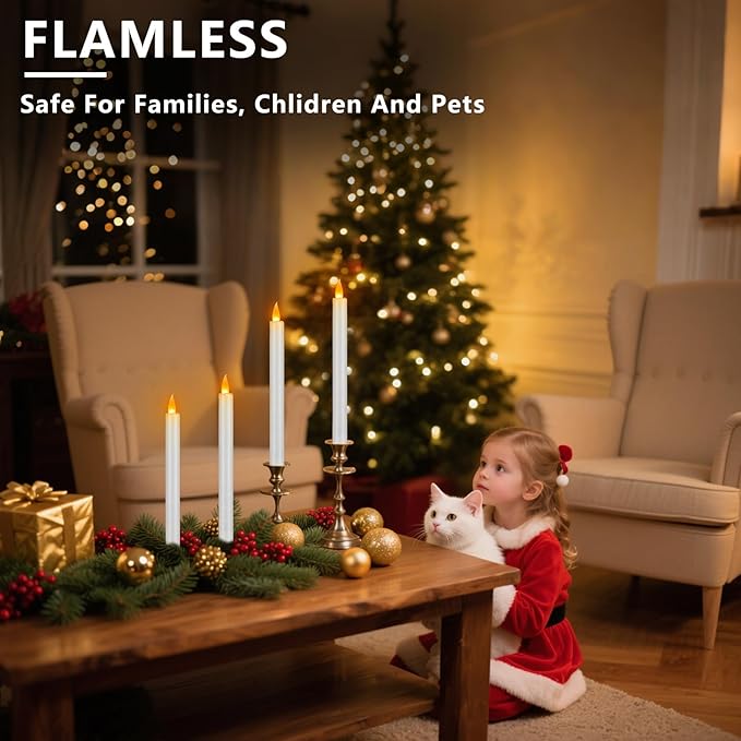 10" Flameless Taper Candles with Remote, Electric Led Candlesticks, Plastic Tall Taper Candles Battery Operated with Flickering Flame for Halloween Christmas Wedding Home Décor (White, 6 Pack)
