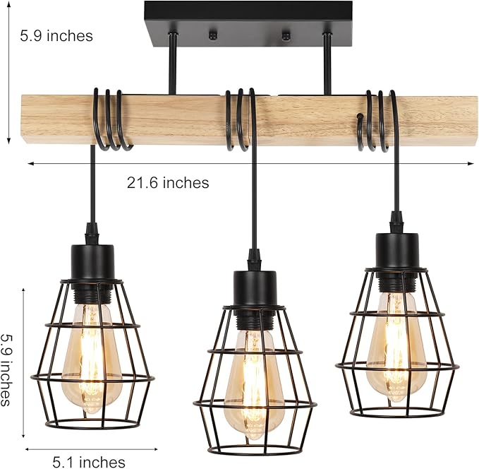Chandelier Ceiling Light Fixture, 3-Light Semi Flush Mount Ceiling Lights with Metal Cage Lampshade, Pendant Lighting with Solid Wood for Bedroom, Dining Room, Living Room, Kitchen, Office