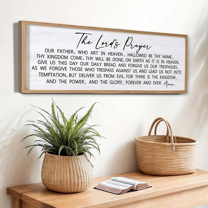 Our Father Prayer Bible Verse Framed Wall Art, 40''×15'' Natural Horizontal Religious Christian Lords Prayer Sign for God Jesus Christ Prayer, Rustic Holy Inspirational Catholic Scripture Decor