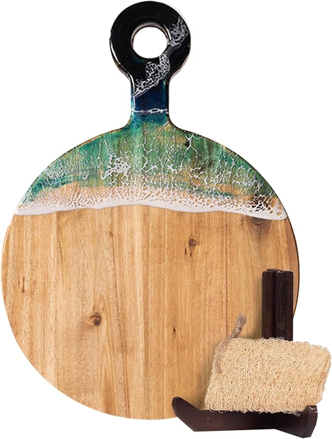 Acacia Wood Cutting Board with Ocean Resin Art, 18.1โx12.9โ, Includes Stand & Loofah, Handcrafted Charcuterie Cheese Board & Serving Platter, Great for Dรฉcor, Housewarming, Weddings (Round)