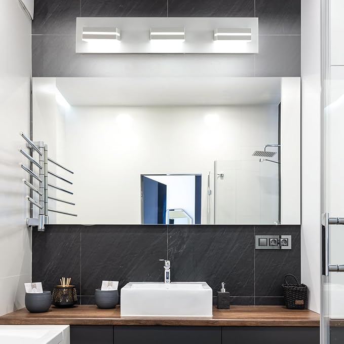 SineRise LED Modern Bathroom Vanity Light Fixtures (3-Light, 24-Inch), Matte White Modern Acrylic Bathroom Wall Lighting Fixtures Over Mirror (Cool White 6000K)