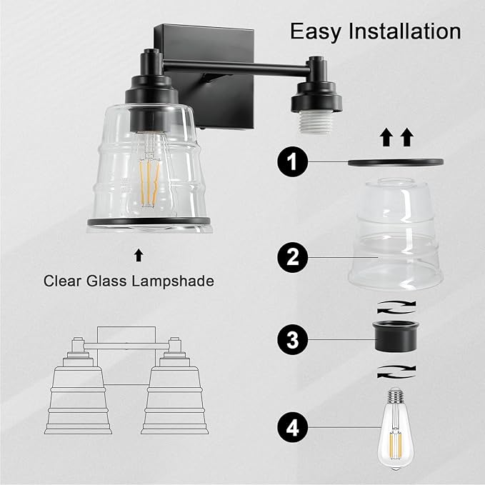 Black Bathroom Vanity Light Fixture, 2 Light Bathroom Light Fixtures Over Mirror with Clear Glass Shade and Metal Base Wall Sconce,13.4 inch Modern Vanity Light for Bathroom (Exclude E26 Bulb)