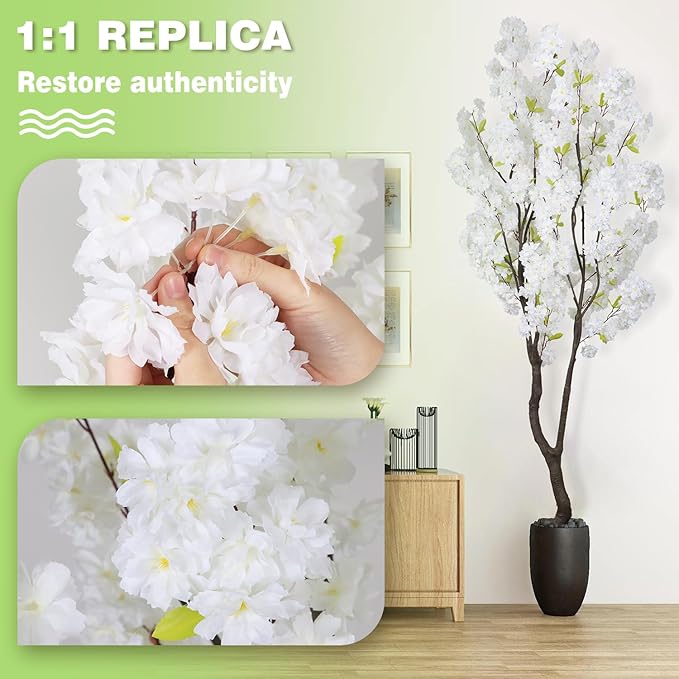 Faux White Cherry Blossom Tree 6.5ft(84in)Tall Artificial Plant Indoor Decor Handmade Natural Fake White Flower Tree for Wedding Realistic Cherry Plant in Pot for Home Living Room,Office Decor.