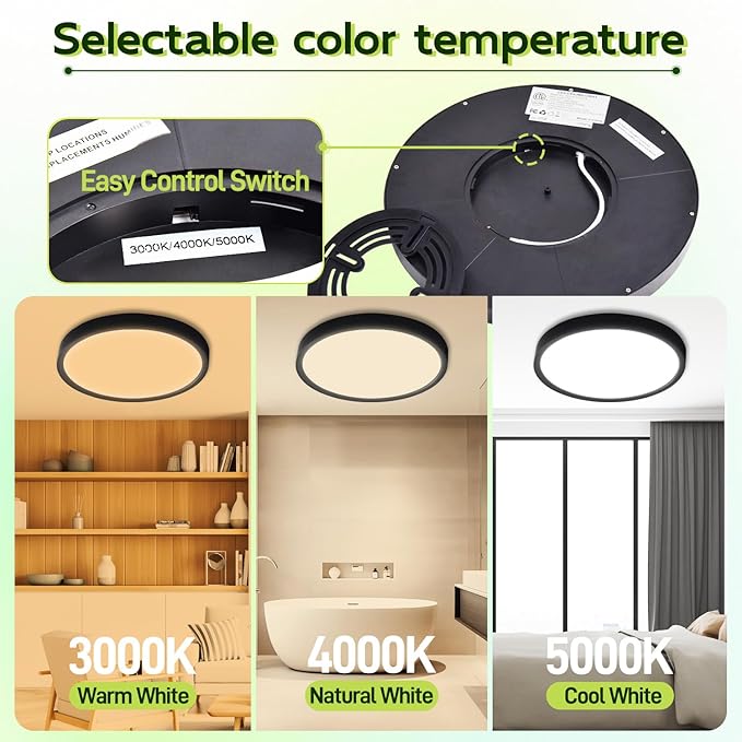 hykolity 2 Pack 9 Inch Selectable CCT LED Round Flat Panel Light, 18W 1800LM 3000K/4000K/5000K, Edge-Lit Flush Mount Ceiling Light Fixture for Kitchen, Bedroom, Laundry and Closet Room,Black