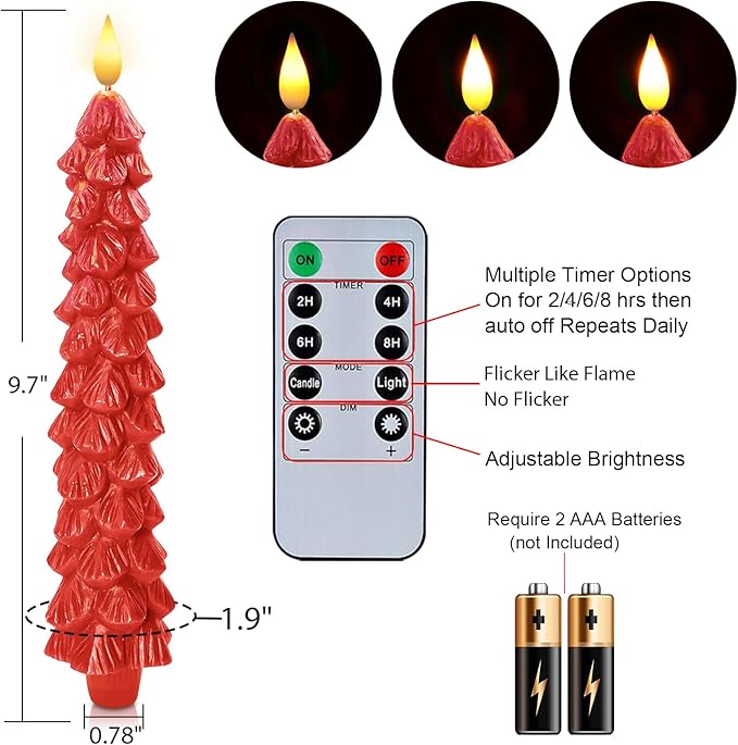 Homemory 3 Pcs Christmas Tree Candles with Remote, Waxy Flameless Taper Candles Flickering, Red LED Candlesticks Battery Operated for New Year Celebration Holiday Decorations 9.7 Inches