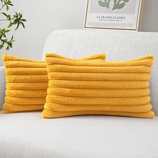MIULEE Faux Fur Lumbar Decorative Throw Pillow Covers 12x20 Inch Set of 2, Retro Vintage Boho Home Decor Soft Plush Couch Pillows Cozy Fluffy Cushion Covers for Sofa Bed Mustard Yellow