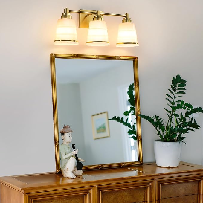 Gold Bathroom Vanity Light Fixture, 3 Light Bathroom Light Fixtures Over Mirror with Milky White Glass and Metal Base Wall Sconce, 21.3inch Modern Vanity Light for Bathroom(Exclude E26 Bulb)