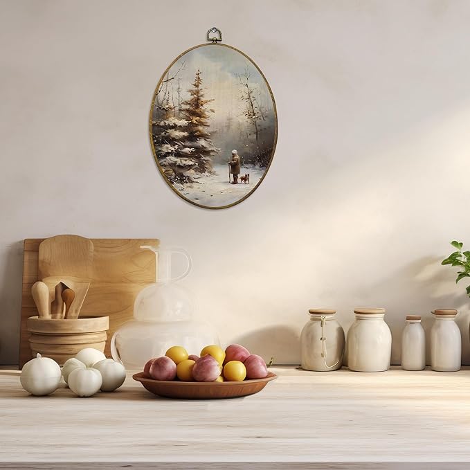 CUANFDDSF Vintage Farmhouse Winter Oval Wall Art Decor, Rustic Christmas Pine Tree Landscape Wall Hanging Decor, Retro Country Winter Framed Canvas Prints for Home Bedroom Living Room, 8.6x11.4 Inch