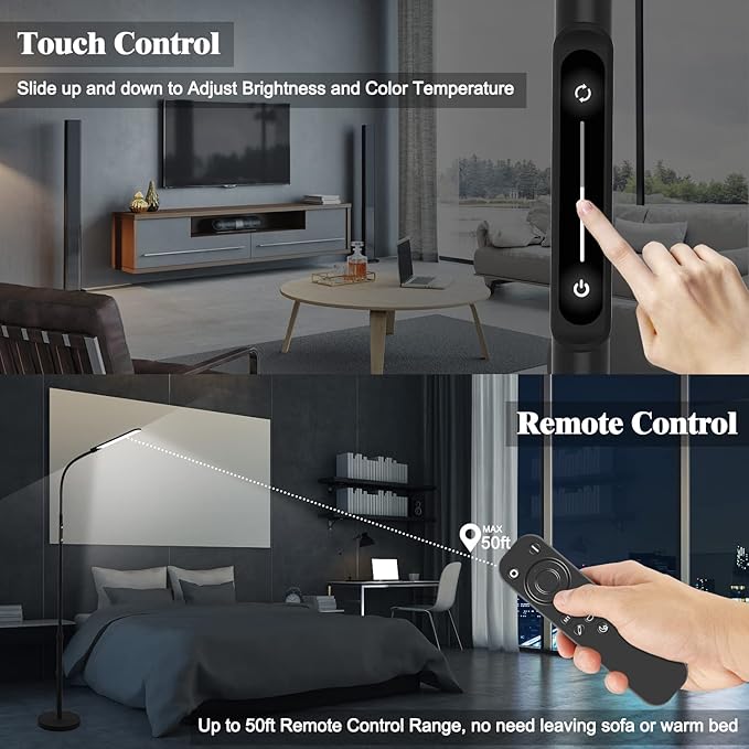 NXONE Led Floor Lamp,Modern Reading Adjustable Standing Height 4 Colors and Stepless Brightness Work Lamp for Living Room Bedroom Reading, Black