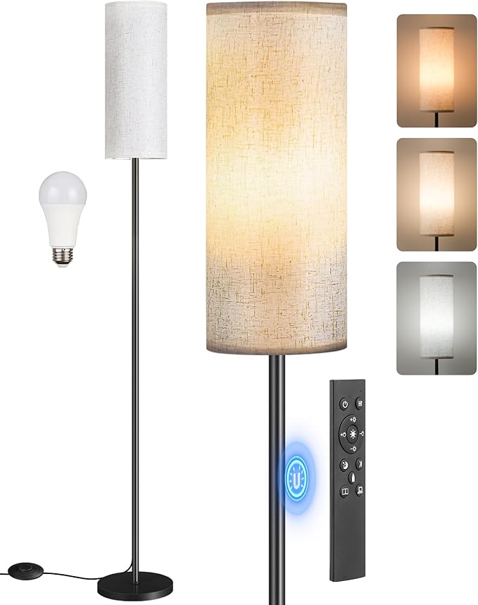 Dimmable Floor Lamp for Living Room with Remote and Foot Switch, Corner Floor Lamp, 64.4" Standing Tall Lamp, 10W 900LM LED Bulb Included, 3000K-6500K, Linen Shade, Weighted, FCC Listed W06LD05W1