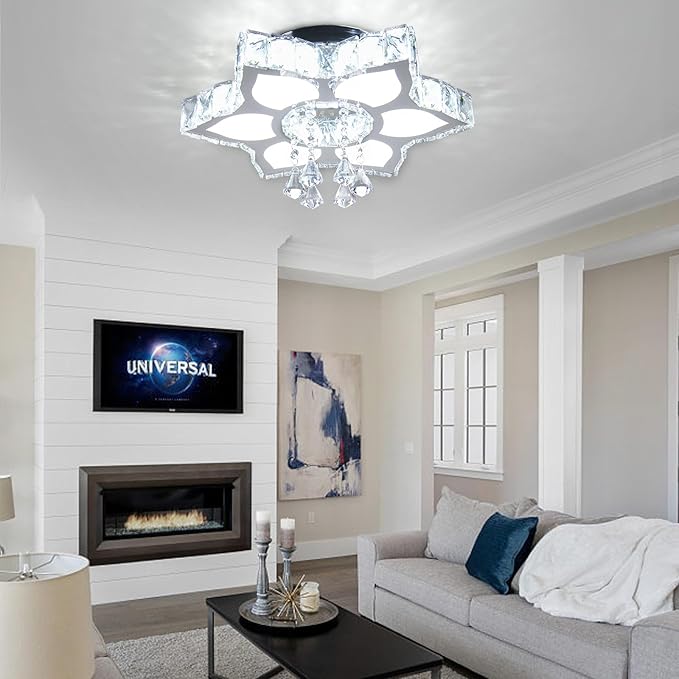 FRIXCHUR 16.1" Crystal Chandeliers Crystal Ceiling Light Fixtures LED Flush Mount Light Flower Modern Chandelier Light Ceiling Lamp for Living Room Bedrooms Dining Room(White)