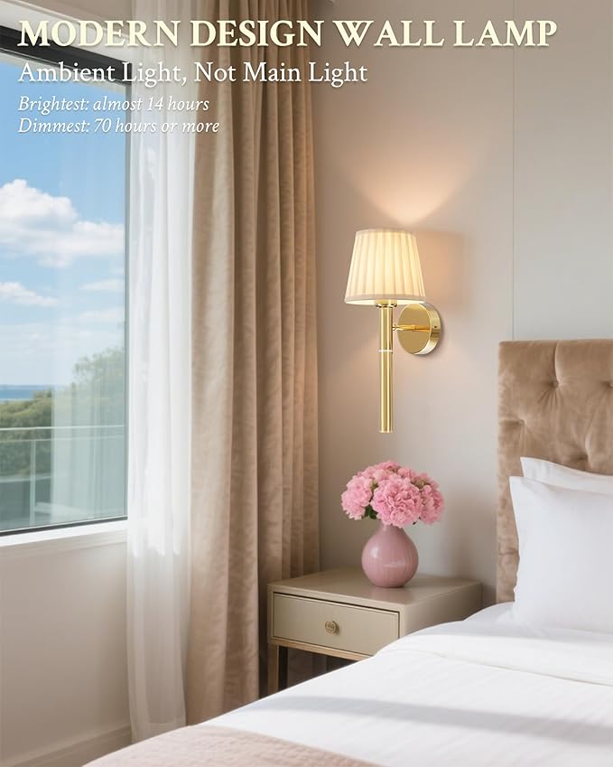 Cordless Battery Operated Wall Sconces Set of 2, 5200mAh Rechargeable Wall Sconce with Magnetic Pole and Fabric Shade, Dimmable LED Wall Lamp with Remote for Living Room, Bedroom, Hallway Decor