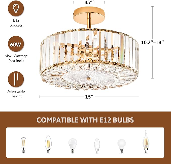 VONLUCE Crystal Light Fixture, Modern Semi Flush Mount Ceiling Light, 15" Round 4-Light Crystal Chandelier Hallway Lighting for Kitchen Bedroom Living Room Dining Room Entryway Closet, Gold
