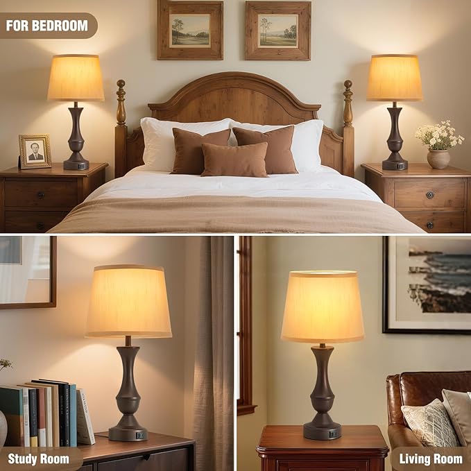Luvkczc 22" Table Lamp Set of 2 - Farmhouse Vintage Brown Bedside Lamp with Brown Fabric Shade, 3-Way Dimmable, USB C+A Ports, Nightstand Lamp for Living Room Bedroom (Bulb Included)