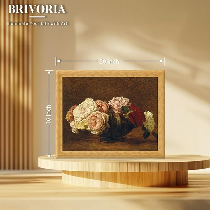 Brivoria Framed Canvas Wall Art Vintage Decor, Antique Floral Still Life Artwork with Roses and Rustic Autumn Tones for Living Room Bedroom Dining Room Fireplace or Gallery Wall Display, 16"x20"
