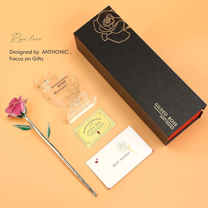 Gold Dipped Infinity Rose Last Forever Flower Decor, Birthday Gift for Women in Her Birthday Mothers Day, Resin Preserved Rose | Anniversary Present for Mom (Pink)