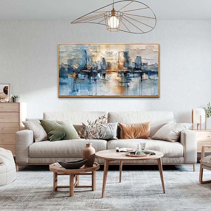 ZUITINGHUA Large Wood Framed Decor For Living Room Canvas Wall Art For Office Wall Decorations For Bedroom Blue Abstract Painting Modern Pictures Artwork Room Home Decor 24x48 In