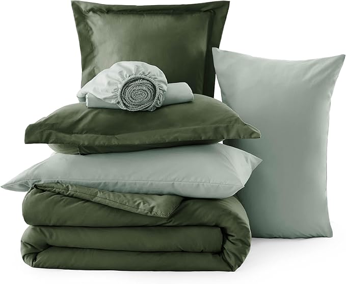 Bedsure Twin Comforter Set - 5 Pieces Olive Green Twin Bedding Set for All Seasons, Boho Contrasting Design Bed in a Bag with Comforter, Sheets, Pillowcase & Sham