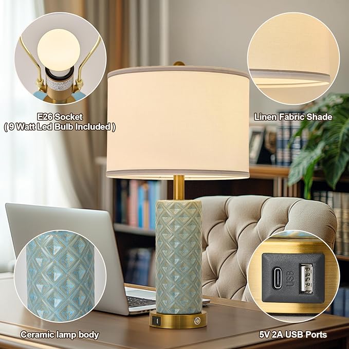 Set of 2 Table Lamp for Living Room Bedroom Farmhouse,26'' Touch Control Bedroom Spa Blue Ceramic Lamps 3-Way Dimmable Bedside Lamps with USB A+C Ports Linen Shade for Home