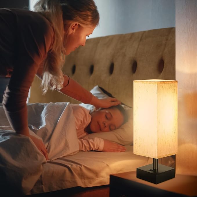 Small Lamp for Bedroom, Bedside Lamps for Night Stands, Mini Minimalist Table Lamp With Square Flaxen Fabric Shade, 11 Inch Desk Reading Lamp for Dorm Living Room Office, 1 Pack