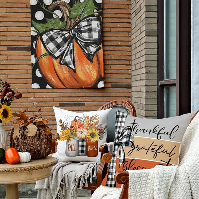 GEEORY Fall Throw Pillow Covers 18x18 Inch Set of 4, Pumpkins Mason Jars Sweet Home Striped Autumn Thanksgiving Seasonal Decorative Farmhouse Decoration (Off-White) G637-18
