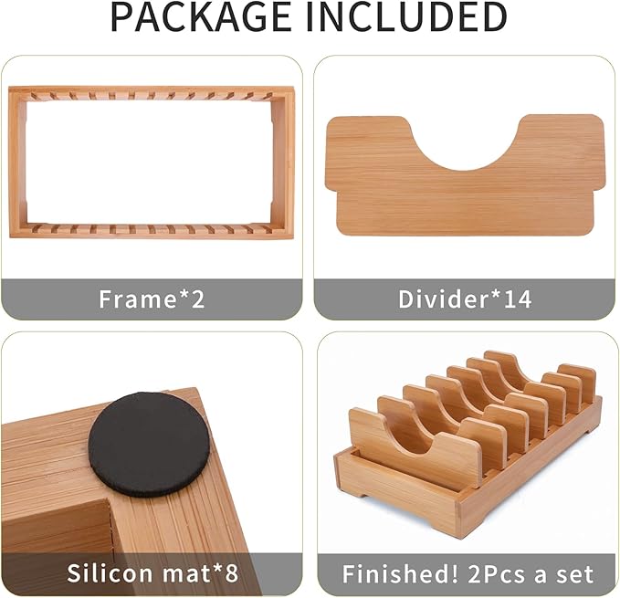 Bamboo kitchen storage rack - adjustable lid rack, suitable for cabinet storage, perfect for pots, pans, cutting boards, baking pans, plates, etc- Keep the kitchen clean and tidy