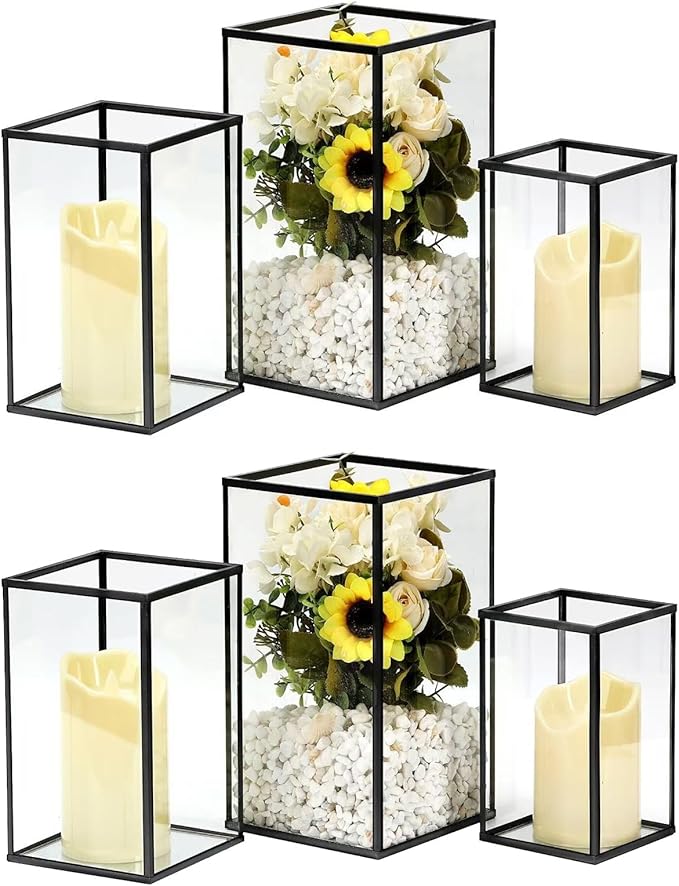 yshengood Hurricane Candle Holder 6 PCS, Black Glass Candle Holder Square Hurricane Candle Centerpieces for Tables Decorativ, Wedding, Thankgiving