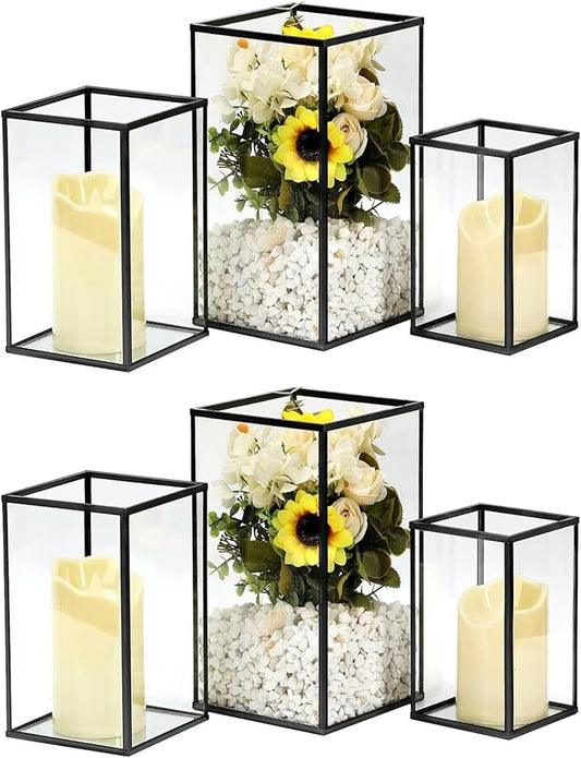 yshengood Hurricane Candle Holder 6 PCS, Black Glass Candle Holder Square Hurricane Candle Centerpieces for Tables Decorativ, Wedding, Thankgiving