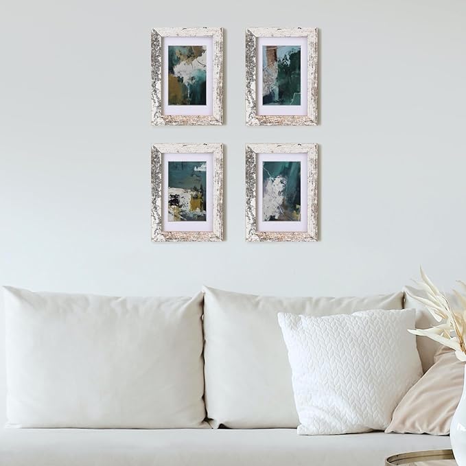 Egofine 4x6 Picture Frames Set of 4, Made of Solid Wood Covered by Plexiglass 3.5x5 with Mat or 4x6 without Mat, for Table Top Display and Wall Mounting Photo Frame Rustic White