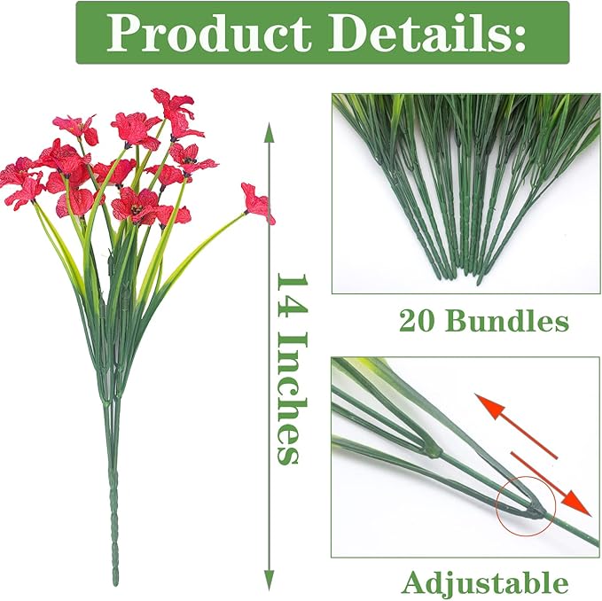 20 Bundles Artificial Flowers Outdoor UV Resistant Fake Flowers (Red)